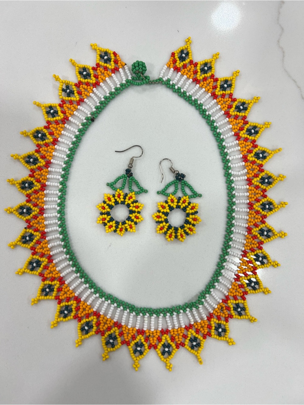 New Handmade Yellow Beaded Necklace & Earring Set. Colombian/Wayuu artisans made